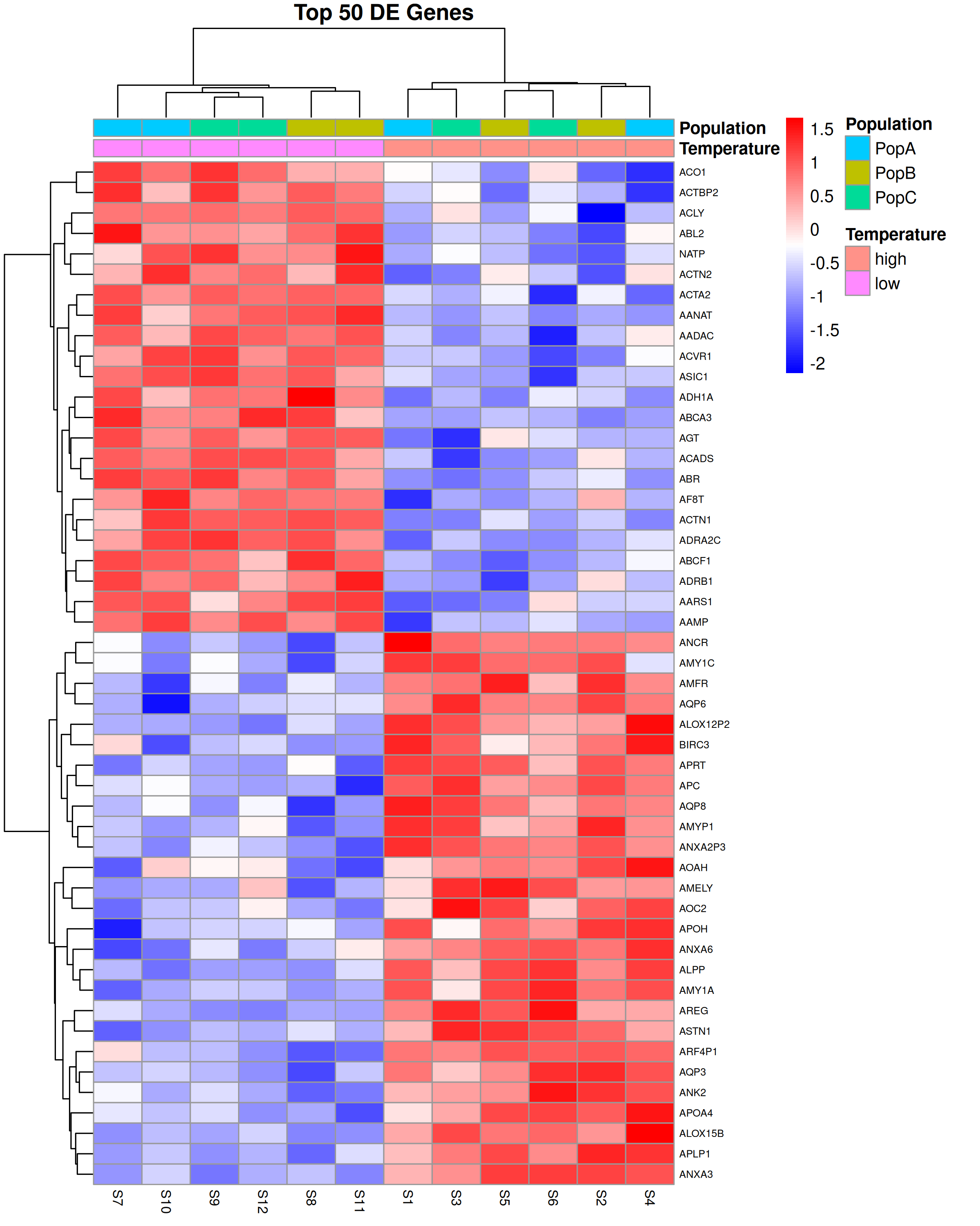 Heatmap of the top 50 differentially expressed genes. Rows are genes, columns are samples. Color represents z-scored log-CPM expression. Samples are annotated by temperature treatment and population.